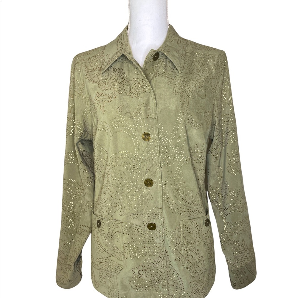 Gorgeous green Susan Graver long sleeve jacket with gold accents size small